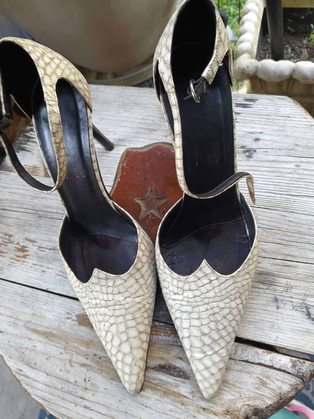 Donald J. Pliner Cream Croc-Embossed Pointed Toe Ankle Strap Heels